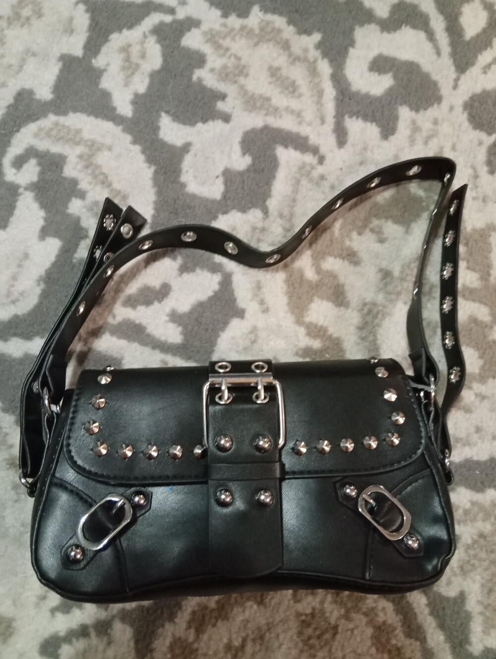Black Studded Shoulder Bag with Buckle Detail